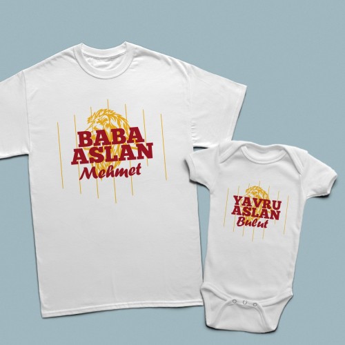 Aslan Figürlü Baba Çocuk Baskılı tişört ve bebek zıbını - 