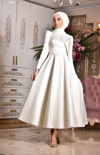 GELİN DAMAT - Firuze Beyaz Tesettür Elbise