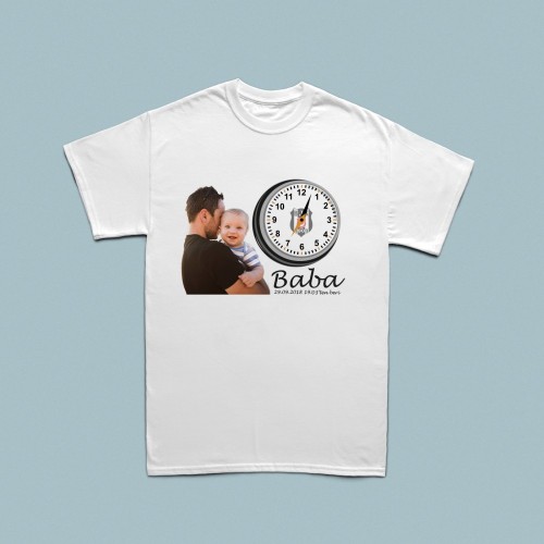  - Fotoğraf baskılı analog saat tasarımlı kişiye özel tarihli erkek tshirt