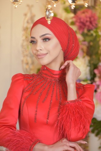 GELİN DAMAT - Manolya Kırmızı Tesettür Elbise