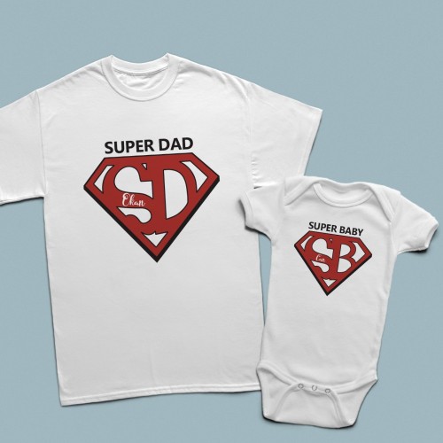 Super dad super baby logo baskılı isme özel baba çocuk tshirt - 